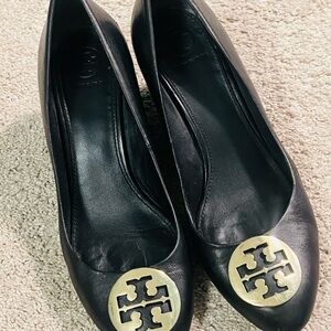 Tory Burch Black Leather Miller Wedge with Gold Logo